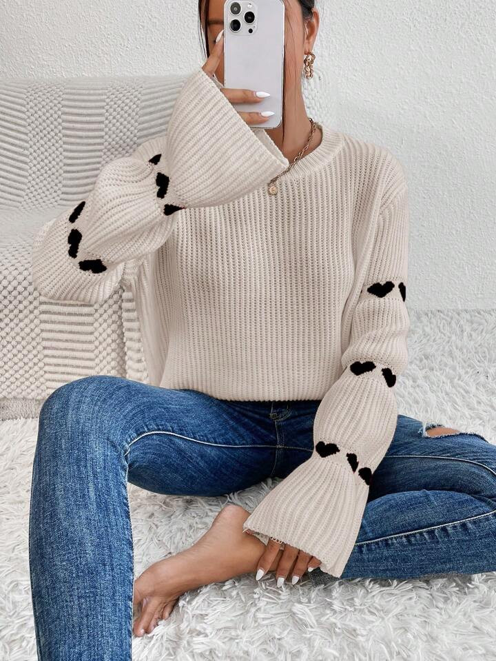 SHEIN MOOSTA Women's Casual Daily Heart Embroidery Round Neck Loose Knit Sweater, Autumn/Winter | SHEIN