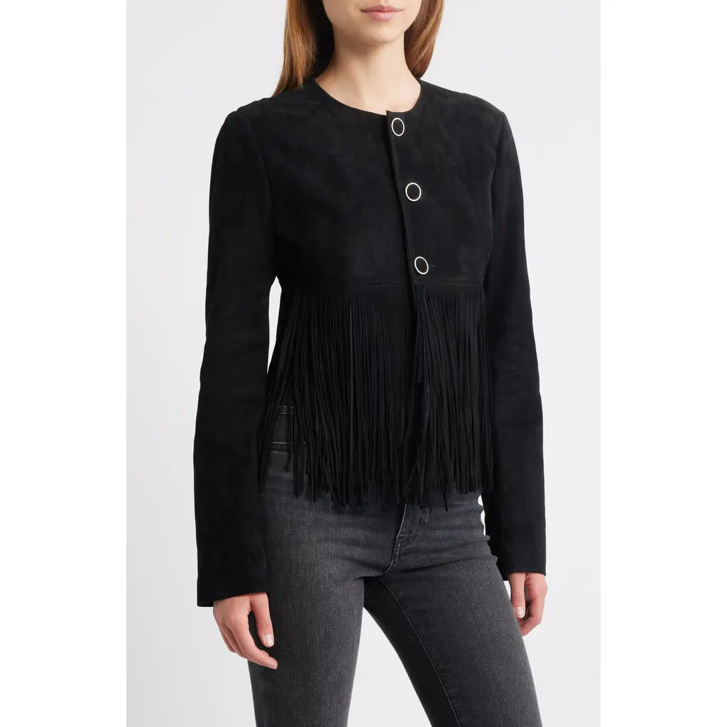 FRAME The Saddle Suede Fringe Jacket in Black at Nordstrom, Size 8 | Nordstrom