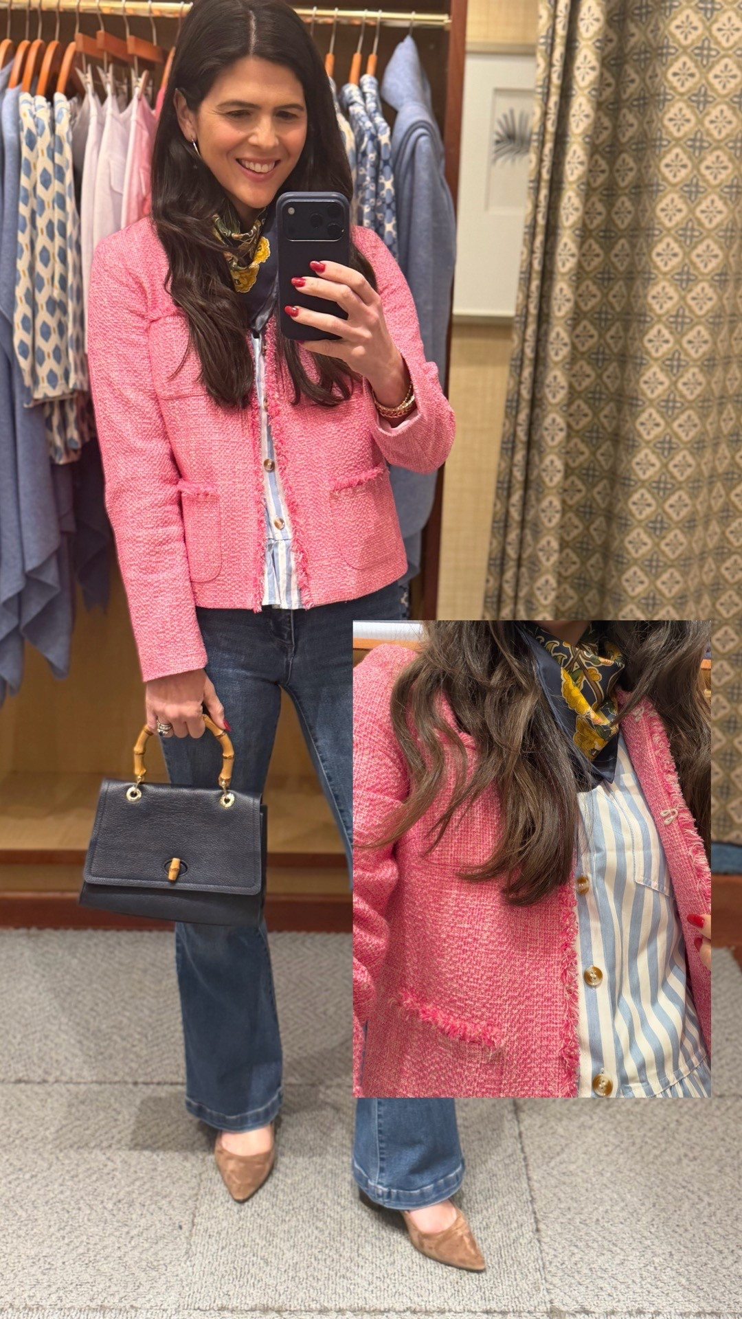 Today’s #ootd - pink, stripes, floral scarf - my jacket is from last year / linking this year’s version! @jmclaughlin