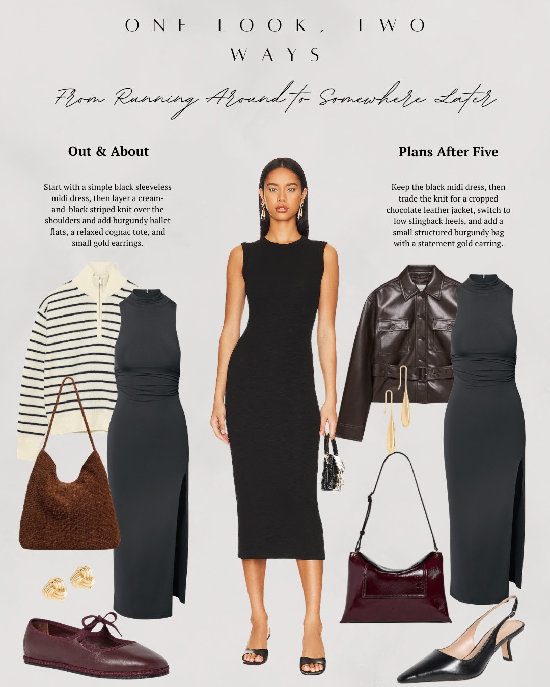 One look, two ways! I styled this midi black dress in two different ways for a cool autumn look. In the first I added a striped sweater to go over the shoulders, ballet flats, woven tote, and simple gold stud earrings. Then in the second look I added a brown leather jacket, slingback kitten heels, and a burgundy shoulder bag. Then I have some trendy finds from Zara for fall! These are all easy to incorporate with things you already own for a fall outfit. All linked ⬆️

#ltkcreator #ltkfinds #ltkwatchnow #nordstrom #aritzia #shopbop #zara #falloutfit #fallfashion #fall