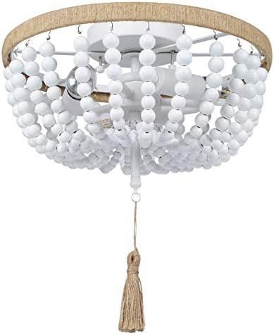Crybeno Bohemia Wood Beaded Ceiling Light Fixture, 3 Lights Boho White Finishing Light Fixture for B | Amazon (US)