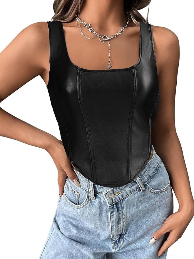 OYOANGLE Women's Metallic Crop Top Summer Casual Asymmetrical Hem Sleeveless PU Leather Cropped T... | Amazon (US)