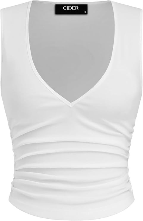 CIDER Tank Tops for Women V Neck Ruched Sleeveless Top Basic Going Out Cotton Blend Slim Fit Top | Amazon (US)