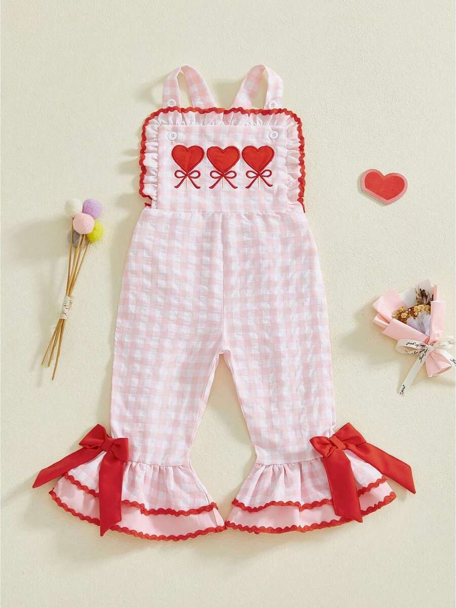 Toddler Baby Girl Valentiens Outfit Love Heart Romper Long Flared Jumpsuit Valentines Day Overall... | SHEIN