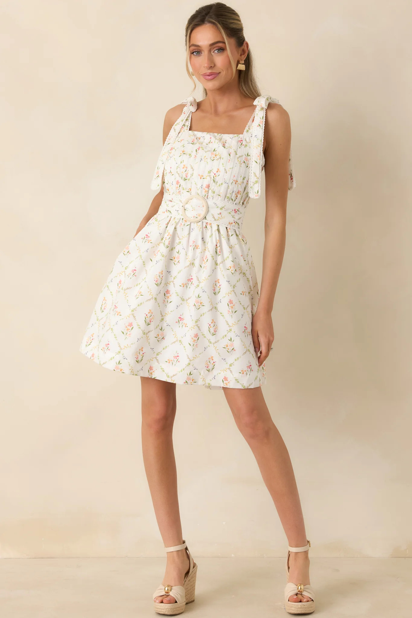 Just Like Spring White Multi Cotton Floral Pleated Mini Dress | Red Dress