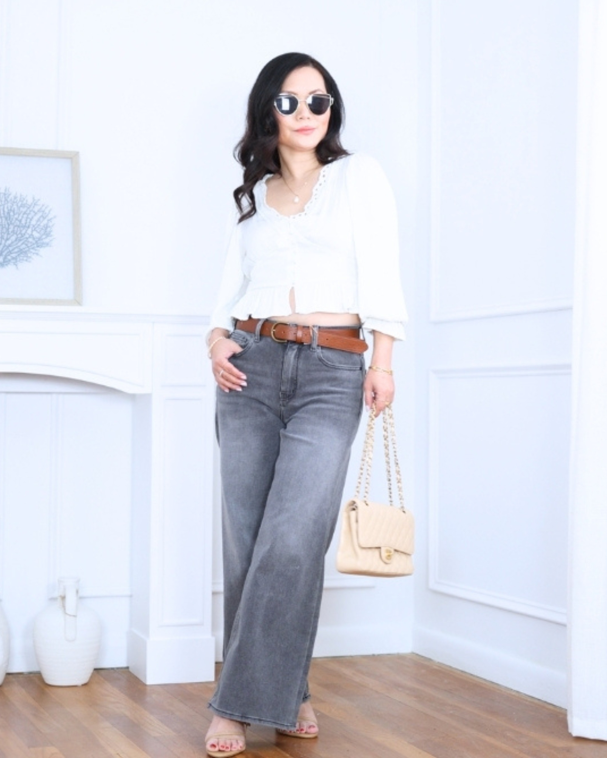 Eyelet peplum top from GAP paired with wide-leg jeans from Quince — feminine details with an easy relaxed fit for a look that feels effortlessly put together. I'm 5'2, wearing size S. 

 #LTKootd #LTKOver40 #LTKPetite