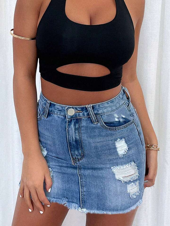 2024 Women Sexy Distressed Denim Skirt With Stretchy And Bodycon Design | SHEIN