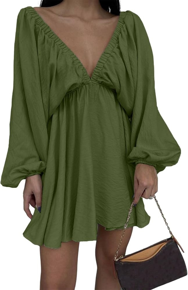 LOFAAC 2024 Women Sexy Deep V Neck Puff Long Sleeve Mini Dress Backless High Waist Ruffle Short D... | Amazon (US)