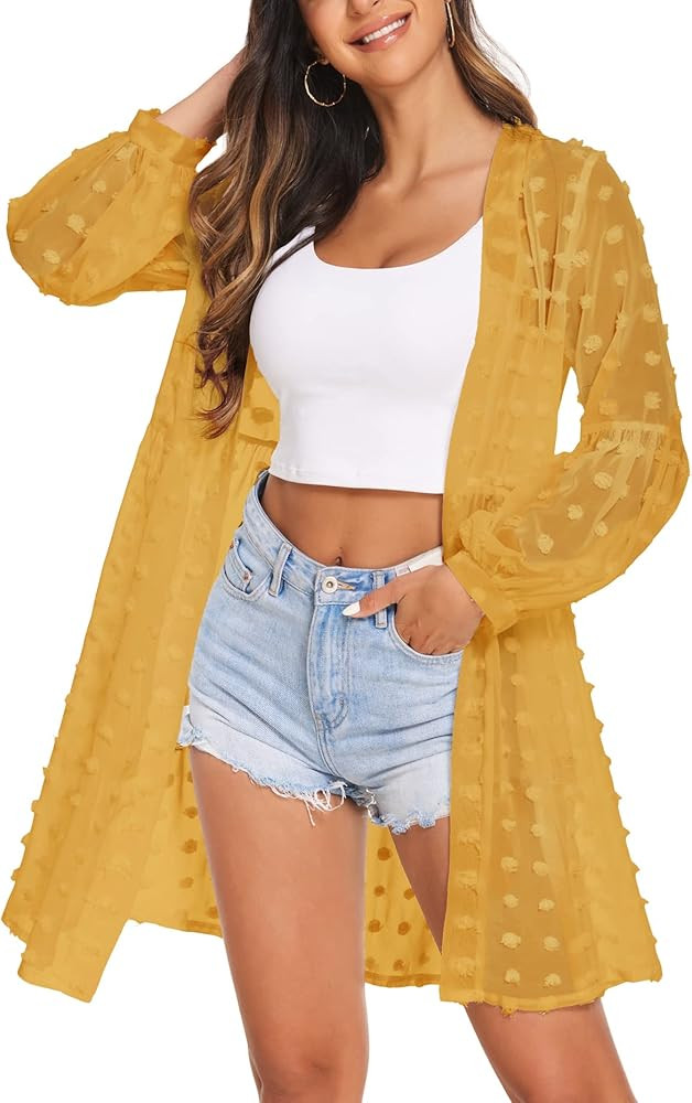 ELESOL Womens Cardigan Open Front 3/4 Sleeve Lace Lightweight Summer Beach Kimono Chiffon Swimsui... | Amazon (US)