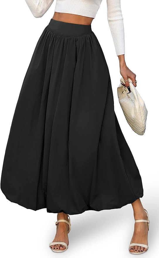 ELLEVEN Women's Bubble Maxi Fall Winter Skirt, Elastic Waist Puffy Hem A-Line Skirt with Pockets | Amazon (US)