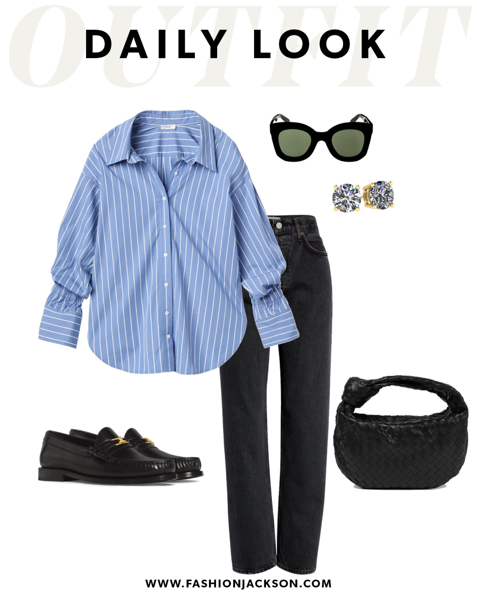 ALC blue white striped shirt, AGOLDE black jeans, Celine black loafers, bottega black teen Jodie #springoutfit #outfitideas #loafers #businesscasual 

#LTKstyletip #LTKunder100 #LTKshoecrush