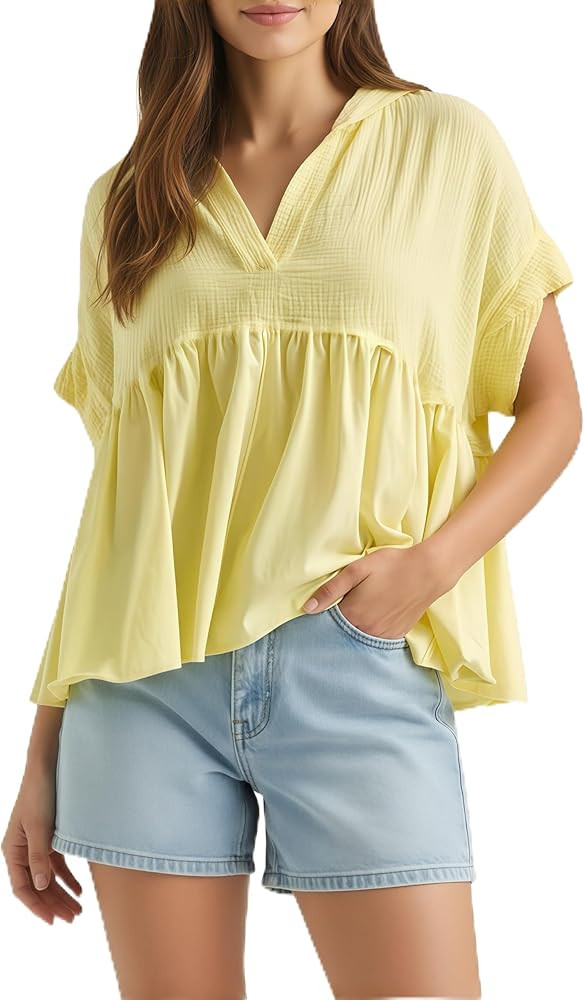 Women's 100% Cotton Babydoll Tunic Tops Oversized V Neck Short Sleeve Peplum Blouse Flowy Summer ... | Amazon (US)
