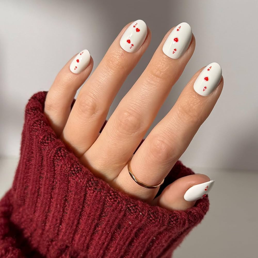 Valentines Day Glamnetic Press On Nails - Ace of Hearts | Short Oval Fake Nails in White Solid Ba... | Amazon (US)