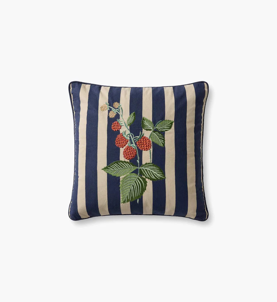 Raspberries Embroidered Pillow - Navy | Rifle Paper Co.