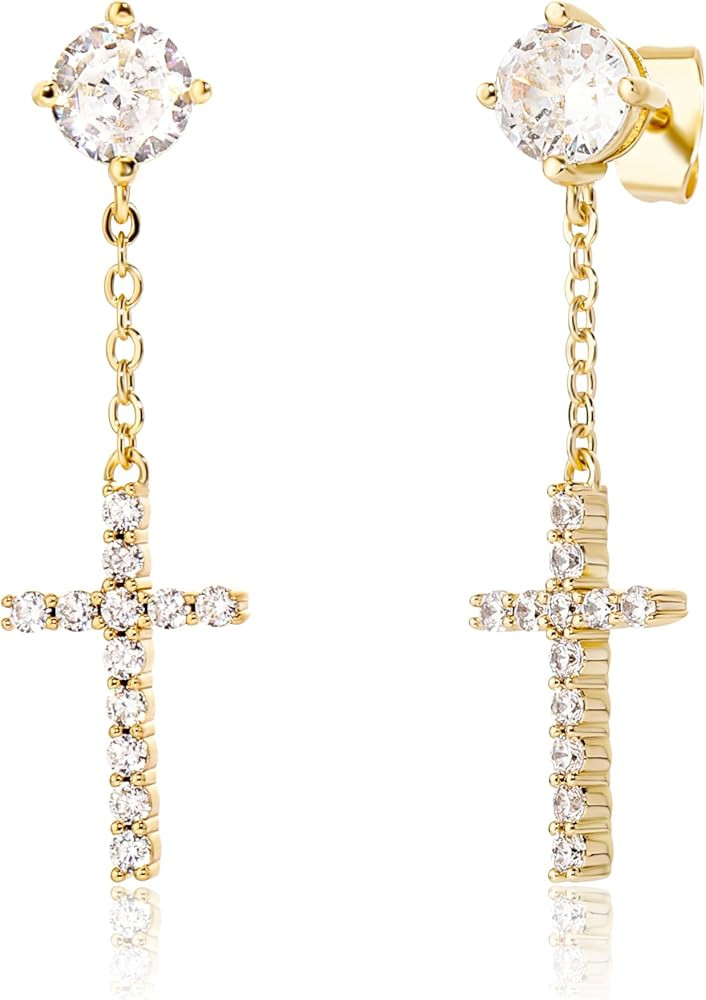 JINAO Cross Hoop Dangle Earrings 14K Gold Plated 5A+ Cubic Zirconia Cartilage Hypoallergenic Ster... | Amazon (US)