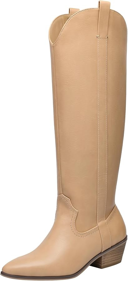 festooning Women's Knee High Boots Pointed Toe Inner Zipper Western Cowboy Boots Pull On Chunky H... | Amazon (US)