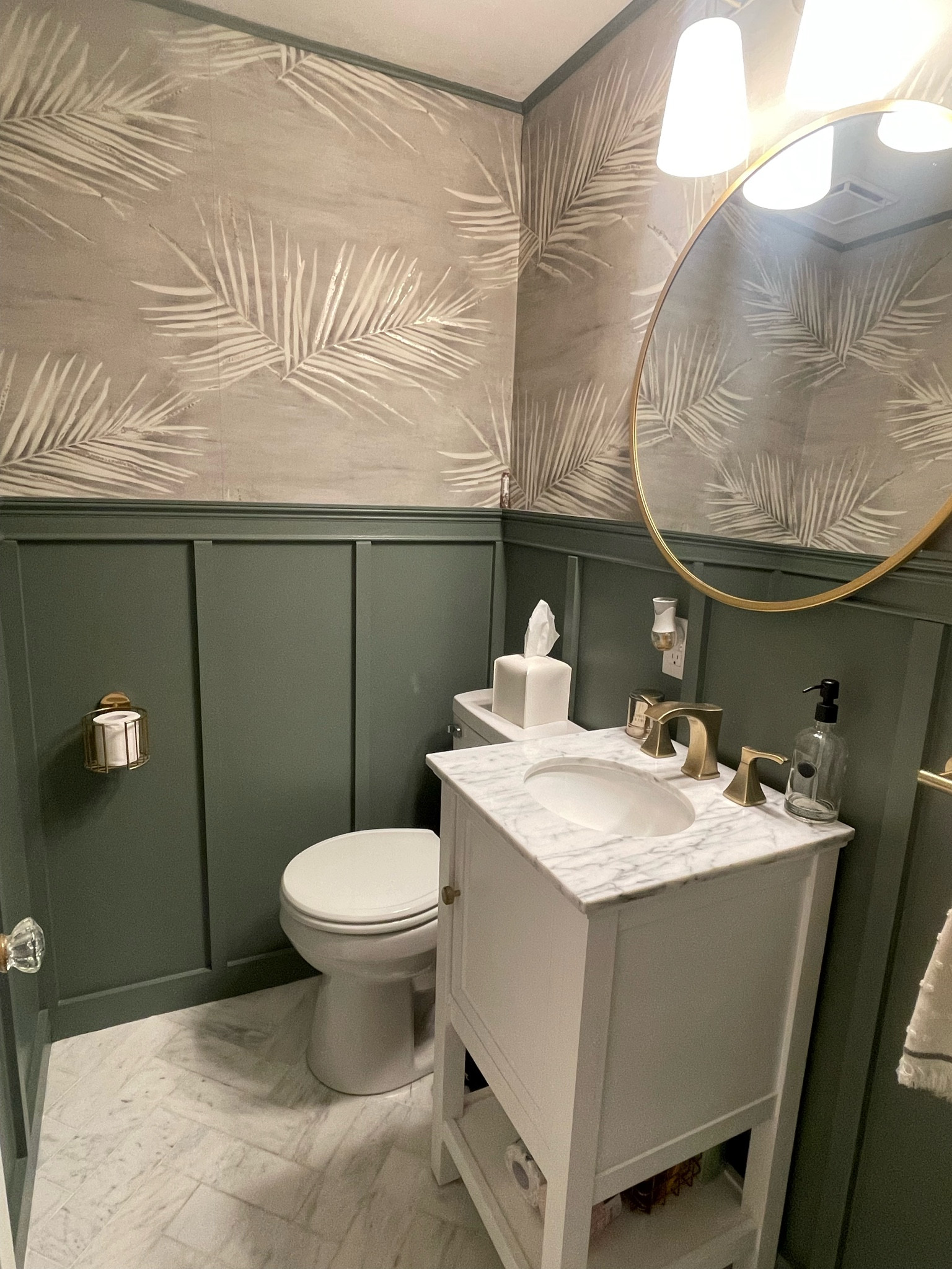 Half bath update. Wallpaper. Marble floor 