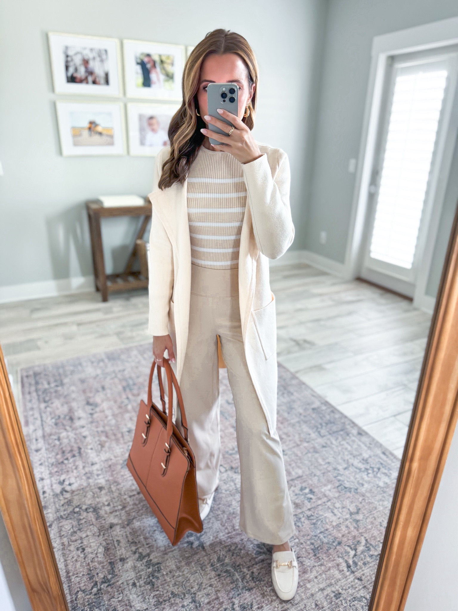 Amazon teacher outfit. Amazon work outfit. Amazon business casual. Wide leg yoga pants in XS petite, light khaki. Amazon coatigan in XS, beige. Amazon striped sweater in small, apricot. Spring outfit. Travel outfit. Amazon work tote. 

*I have tried pants in regular length and can get away with them if I’m wearing sneakers. I am 5’3.

#LTKworkwear #LTKtravel #LTKshoecrush