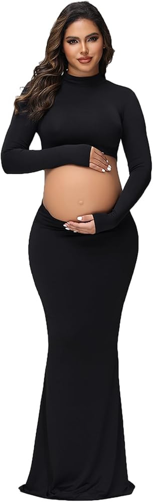 JustVH Women's Maternity 2 Piece Outfits Dress Solid Mock Neck Long Sleeves Top Mermaid Skirt for... | Amazon (US)