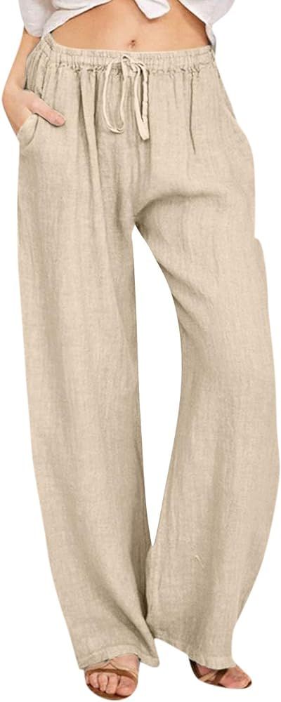 Women's Cotton Linen Pants Summer Wide Leg Casual Loose Drawstring High Waist Palazzo Pants Trous... | Amazon (US)