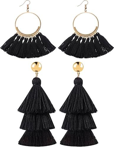 Hestya 2 Pairs Tassel Earrings for Women Girls Handmade 3 Tiered Tassel Dangle Earrings and Gold ... | Amazon (US)