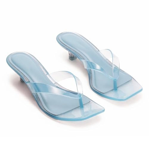 Agodor Jelly Thong Blue Heeled Sandals for Women,Clear Flip Flop Low Kitten Heels Mules for Women Comfortable Square Open Toe Summer Casual Beach Slide Jelly Shoes US7.5 | Amazon (US)