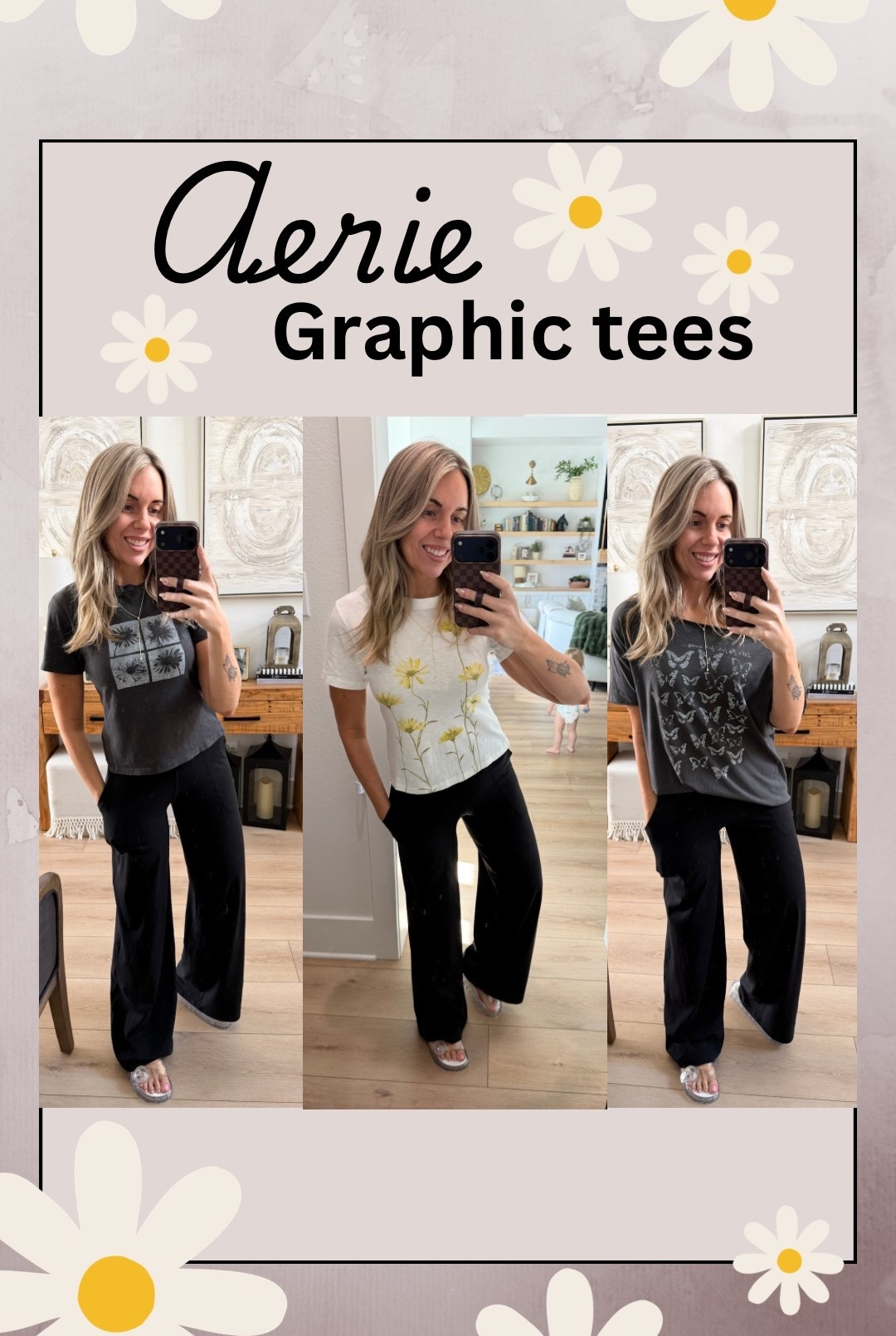 Loving these new 90s inspired graphic tees from aerie I sized down one size in all of them for a smaller fit. ￼ The off shoulder, graphic tea runs very oversized.