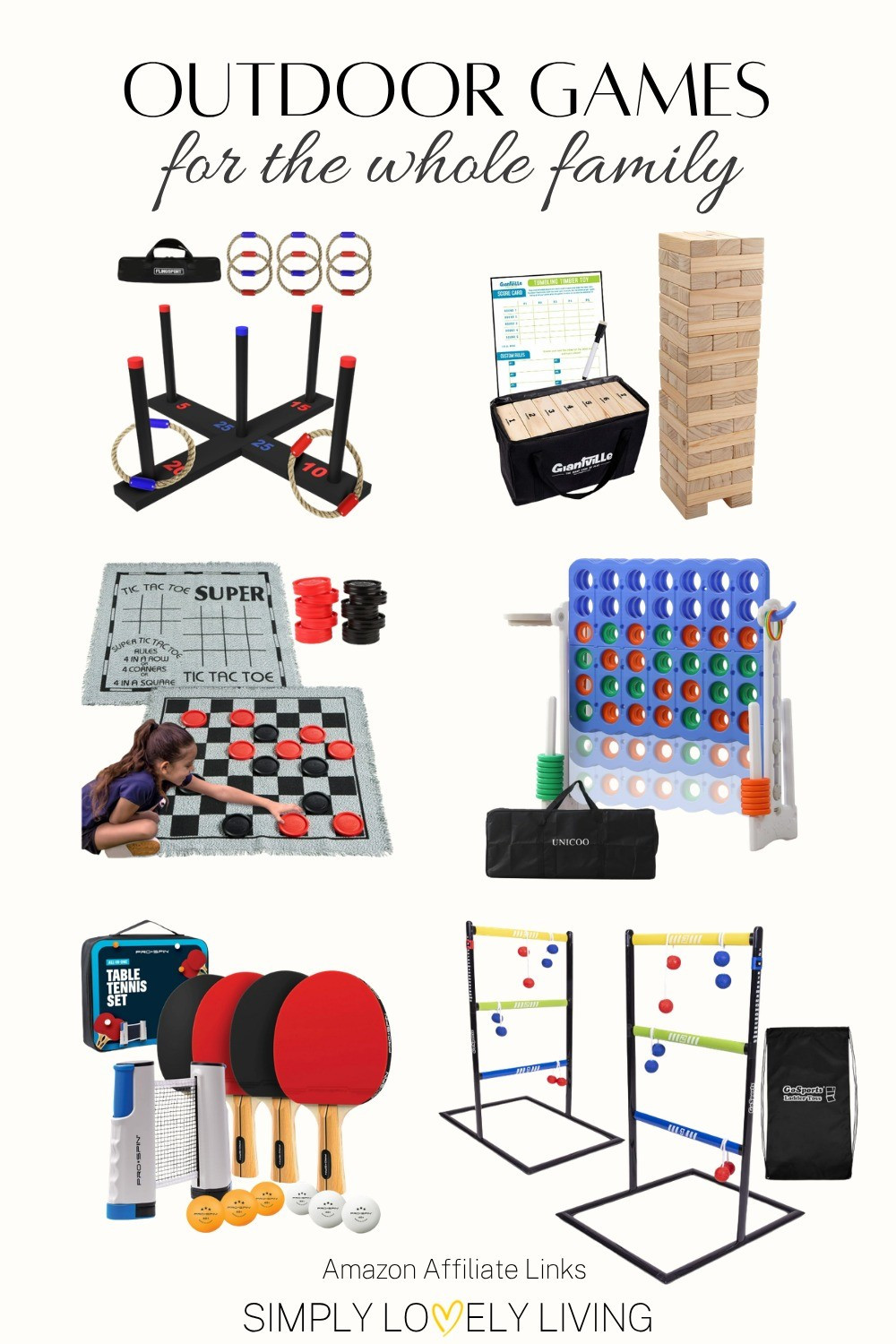 Outdoor games for the whole family! Large Jenga set. Tumbling Timber Tower. Large checkers and tic tac toe mat. Large Connect 4 game. Ping pong set for table. Ladder Toss. #games #family

#LTKHome #LTKKids