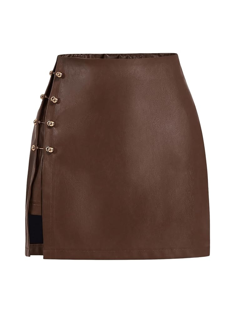 WDIRARA Women's Side Slit Metallic Trim High Waisted Faux Leather Short Skirts | Amazon (US)