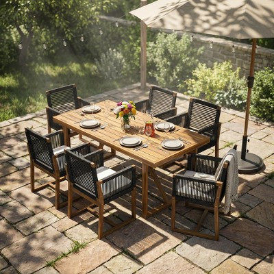 Christopher Knight Home Thrinot Modern 7 Piece Patio Acacia Dining Set with Slatted Table and Rope Design, Teak/Black | Target