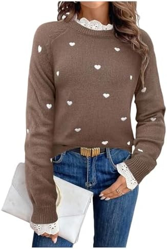 GORGLITTER Women's Heart Lace Cute Cozy Pullover Sweater 2025 Long Sleeve Trendy Knitwear Valenti... | Amazon (US)