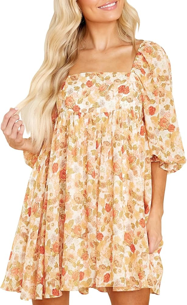 Womens Puff Sleeve Floral Print Dress Babydoll Square Neck A Line High Waist Ruched Summer Mini D... | Amazon (US)