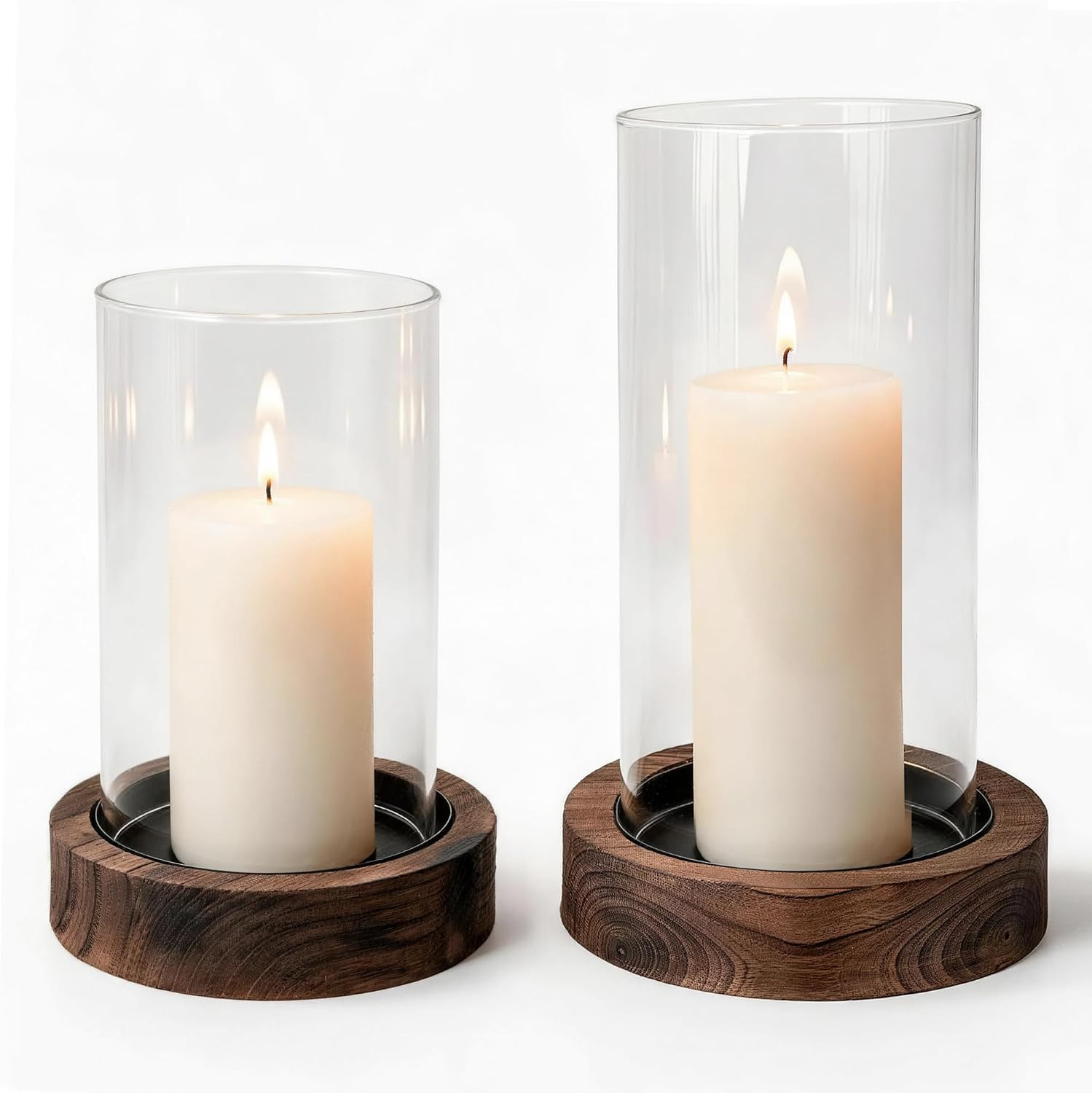 Hurricane Candle Holder Wooden: Set of 2 Candle Holder Pillar with Wood Base Clear Glass Sleeve – Rustic Wooden Candle Holders for Home Decor, Weddings, Table Centerpiece(Brown) | Amazon (US)