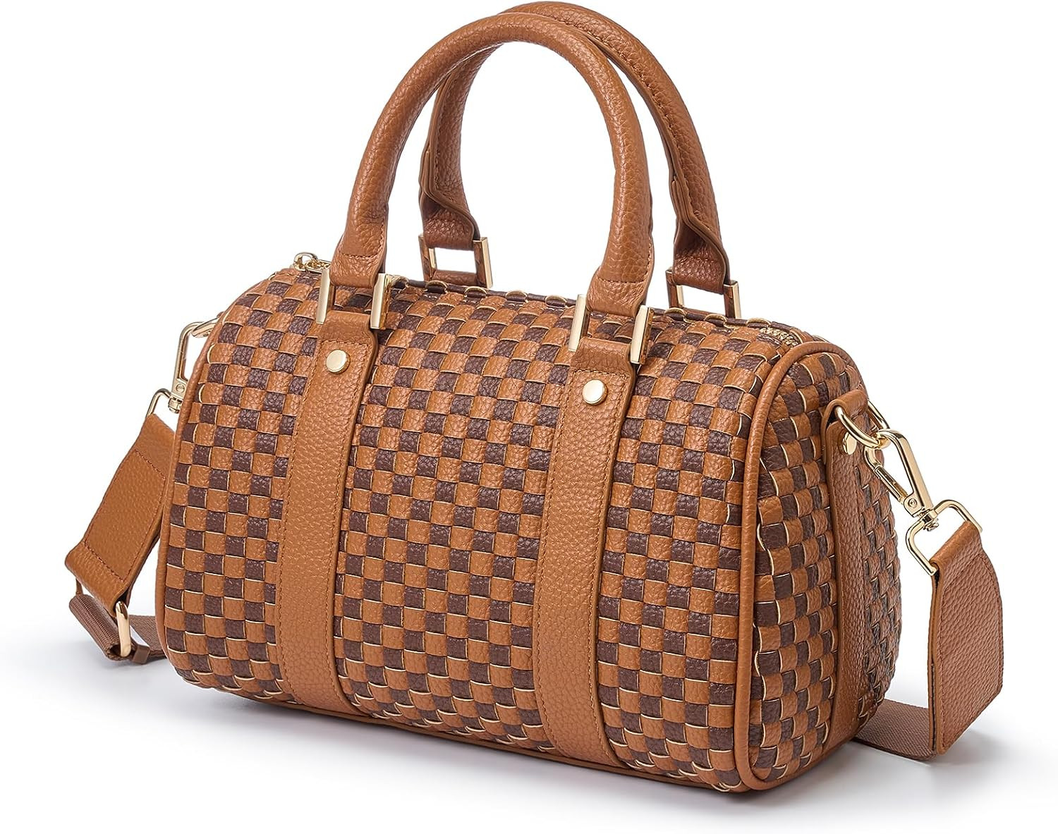 Checkered Woven Crossbody Bags For Women, Vegan leather Top Handbag Barrel Satchel, Travel Sling Purse with Adjustable Strap | Amazon (US)