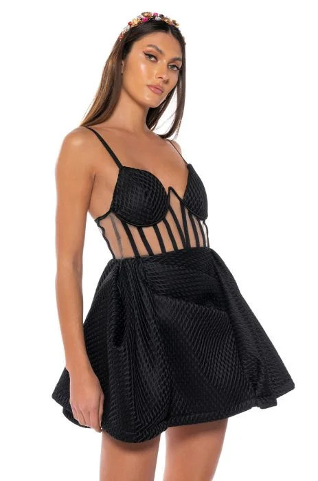 ZOEY CORSET FIT AND FLARE SLEEVELESS MINI DRESS in BLACK | AKIRA