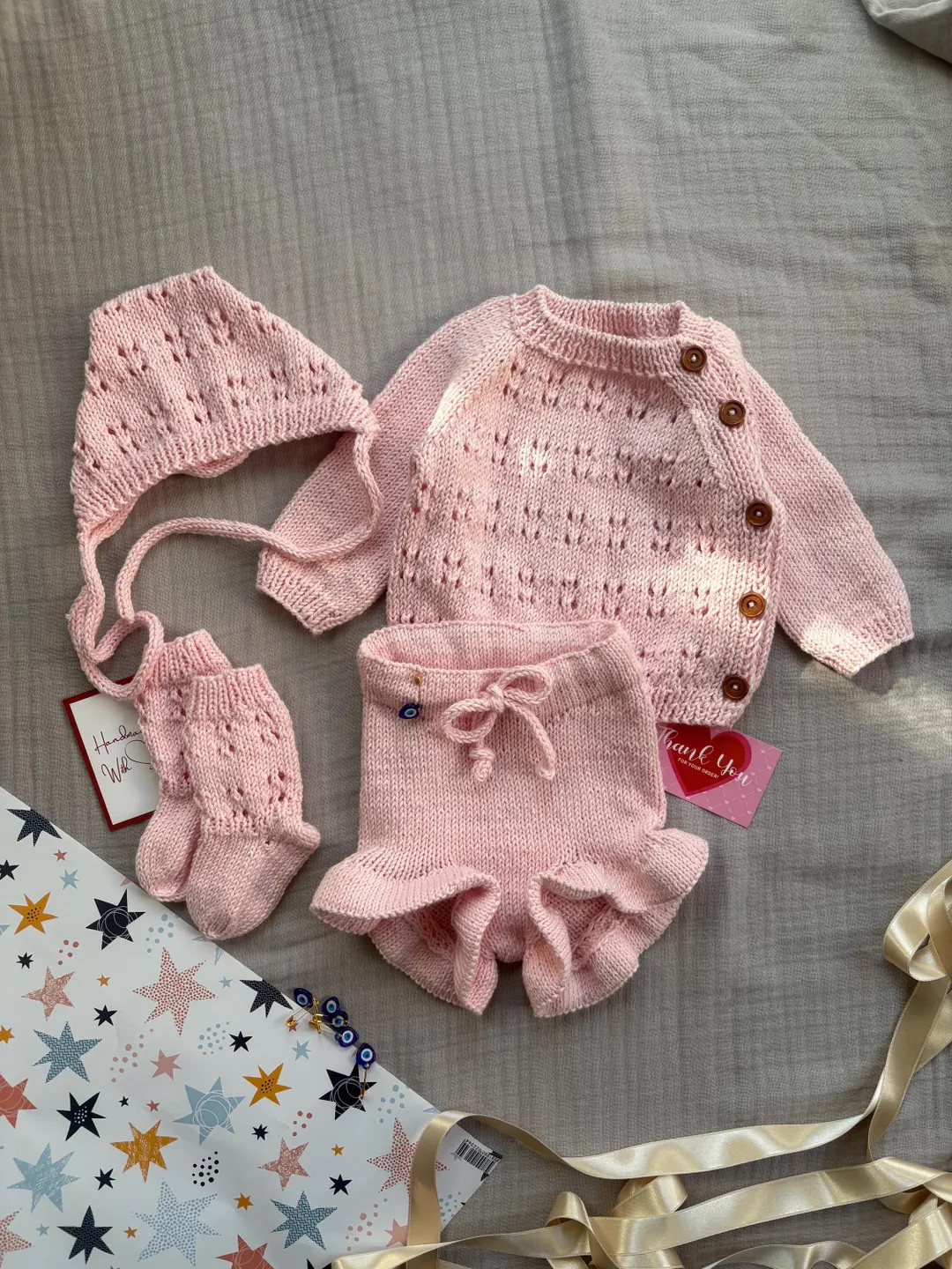 Baby Set: Organic Cotton Ruffle Bloomers, Cardigan, Bonnet and Socks | Etsy (US)