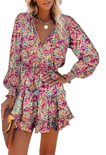 Dokotoo Womens Dresses 2024 Spring Summer Floral Print Split V Neck Ruffle Chiffon Elegant Mini S... | Amazon (US)