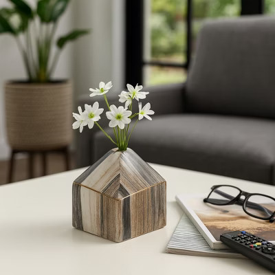 Decorative Angled Shape Vase with Marble Like Finish for Home Decor - Modern Flower Vase Ideal for Shelf, Tabletop, or Entryway - Gray, 5" | Target