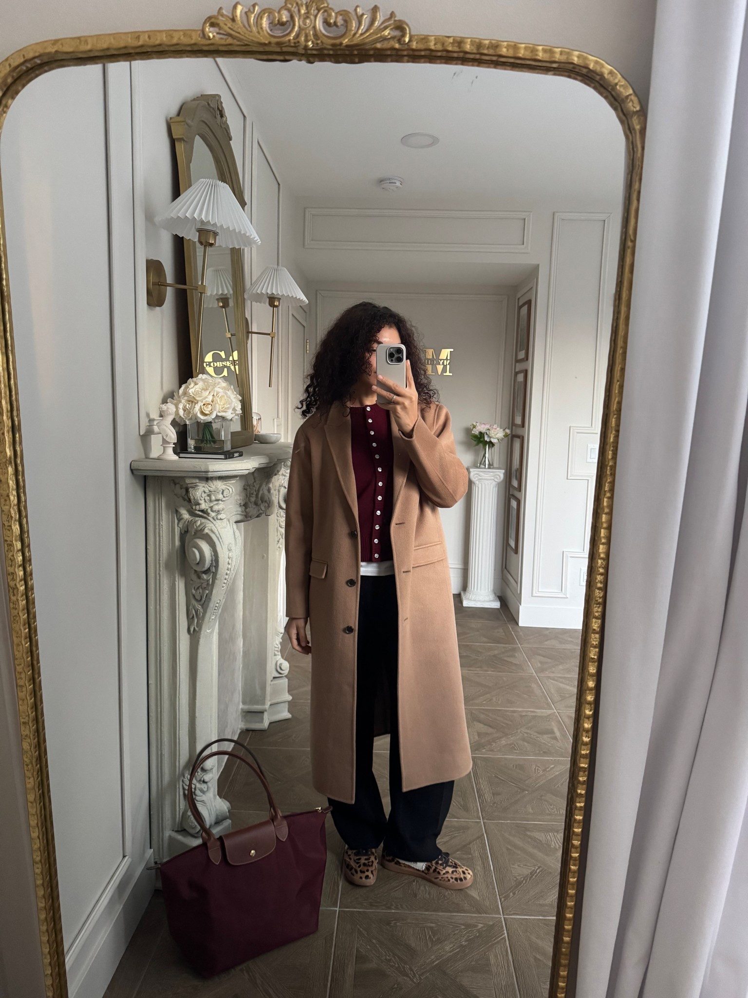 Longchamp tote bag, black pants, white t-shirt, burgundy cardigan, wool coat 

#LTKootd