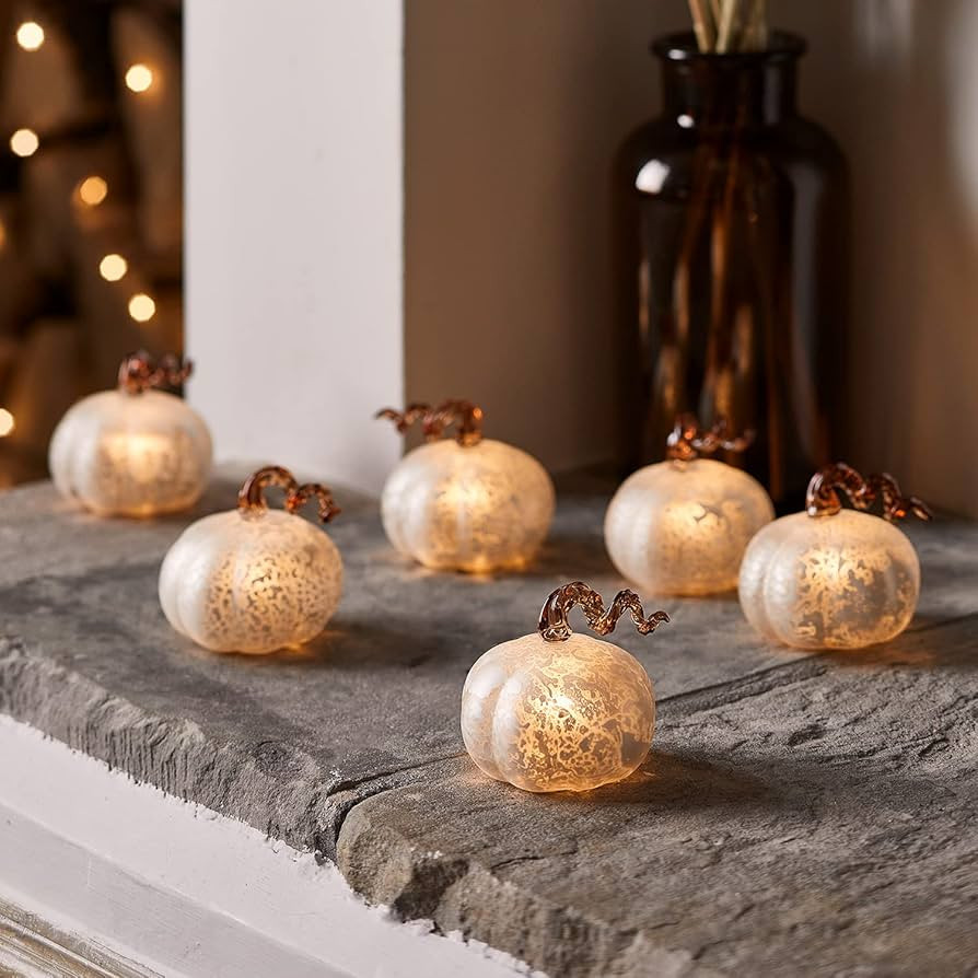 Lights4fun, Inc. Set of 6 Mini Antique White Mercury Glass Light Up Pumpkins Battery Operated LED... | Amazon (US)