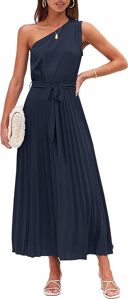 MEROKEETY Womens 2024 One Shoulder Sleeveless Pleated Tie Waist A Line Flowy Party Maxi Dress | Amazon (US)