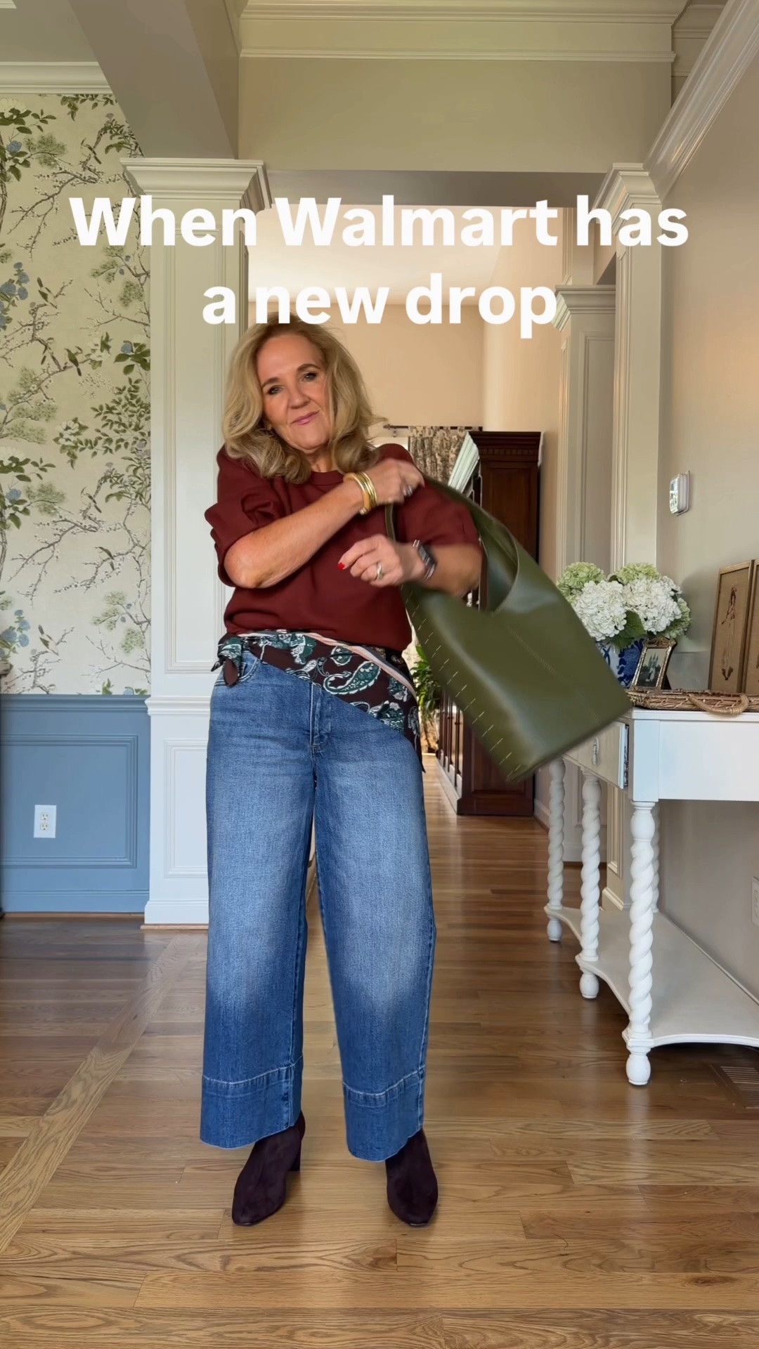 Jeans size 8 love that wide hem. 
Top isn’t online yet. Will add when it is. 
Bag scarf and boots all Walmart. Boots are faux suede and I’m thrilled with them! True to size 

Fall boots, fall outfits, Walmart, fashion, affordable fashion, wide leg, jeans, scarf tying tip

#LTKOver40 #LTKPetite #LTKootd