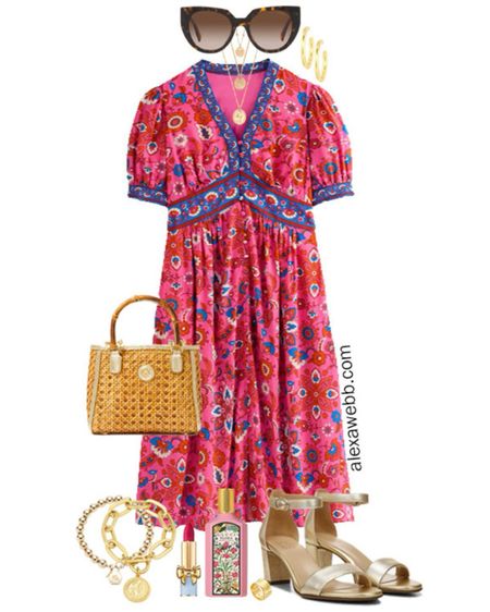 Plus Size Midi Summer Dress Outfit - A plus size summer tea dress for lunches, brunches, dinners, and even weddings. Accessorized with gold sandals, gold jewelry, and rattan caned clutch bag. Alexa Webb

#LTKSeasonal #LTKPlusSize #LTKStyleTip