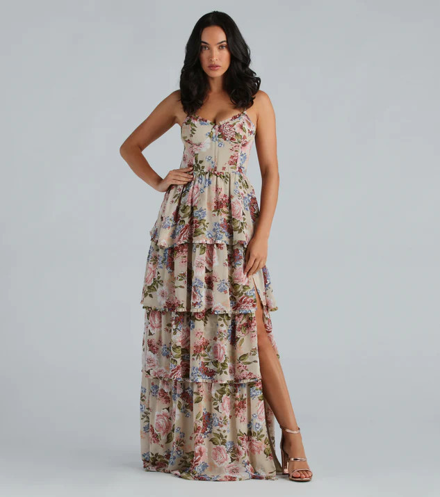 Natalie Formal Chiffon Floral Ruffle A-Line Dress | Windsor Stores