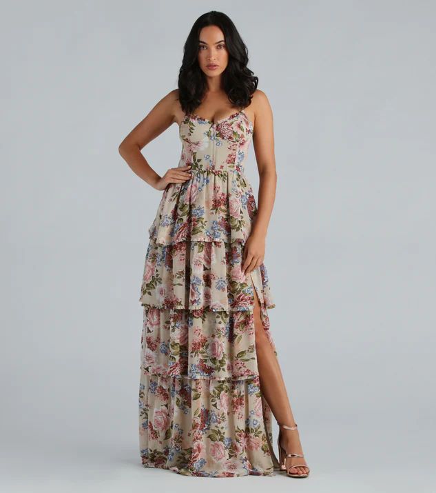 Natalie Formal Chiffon Floral Ruffle A-Line Dress | Windsor Stores