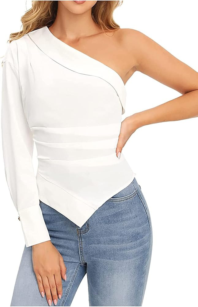 SheIn Women's One Shoulder Long Sleeve Blouse Asymmetrical Hem Shirt Top | Amazon (US)