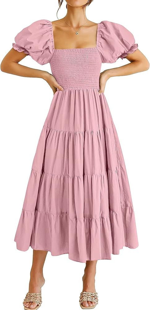 ANRABESS Women's Casual Summer Midi Dress Puffy Short Sleeve Square Neck Smocked Tiered Boho Dres... | Amazon (US)