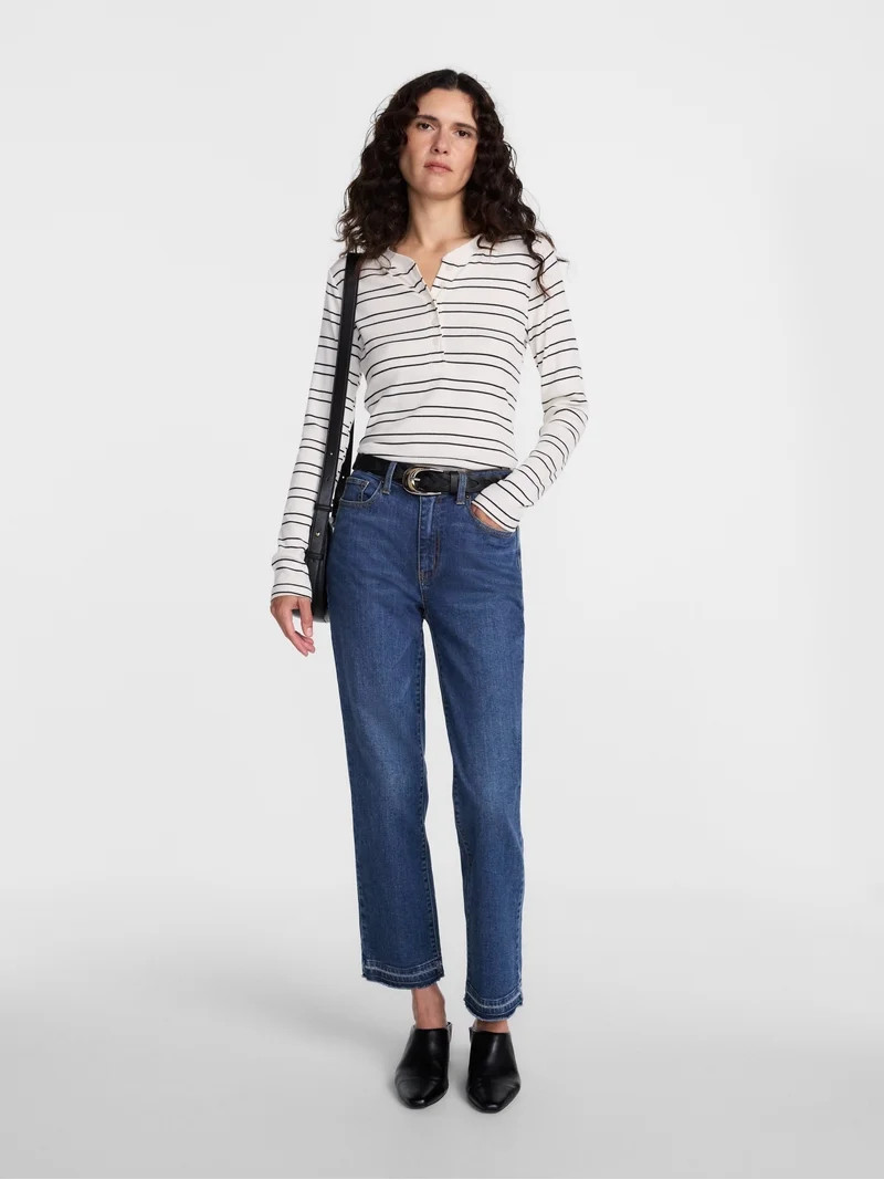 Scenario Women's and Women's Plus High Rise Straight Leg Let Down Hem Jeans, 29" Inseam, Sizes 0-... | Walmart (US)