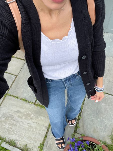 Spring outfit with good American jeans, platform sandals, black cardigan, white tee, minimalist outfit, travel outfit 

#LTKFindsUnder100 #LTKFindsUnder50 #LTKStyleTip