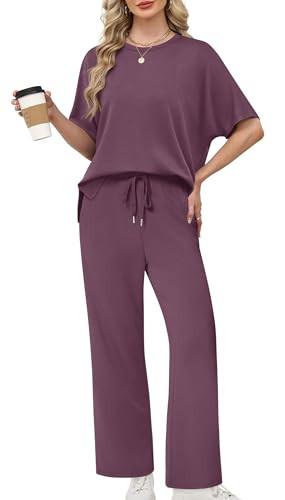 Women Loungewear Summer 2 Piece Travel Outfits Spring Lounge Sets Comfy Tracksuits Oversized Teacher Side Slit Track Suits Airport Wide Leg Resort Cruise Wear Woman Vacation Clothing L Purple | Amazon (US)